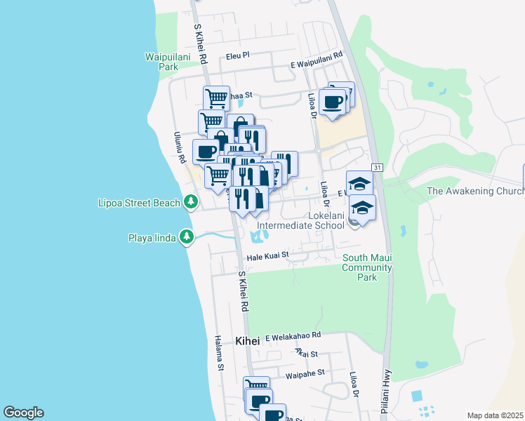 map of restaurants, bars, coffee shops, grocery stores, and more near 14 Kuapapa Place in Kihei