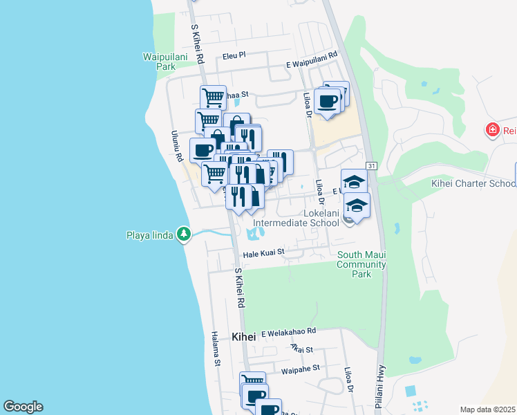 map of restaurants, bars, coffee shops, grocery stores, and more near 14 Kuapapa Place in Kihei