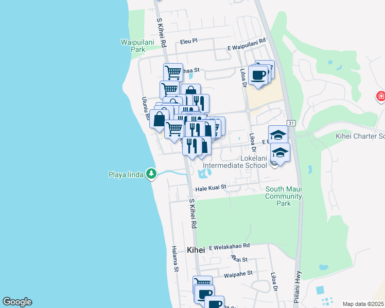 map of restaurants, bars, coffee shops, grocery stores, and more near 1325 South Kihei Road in Kihei