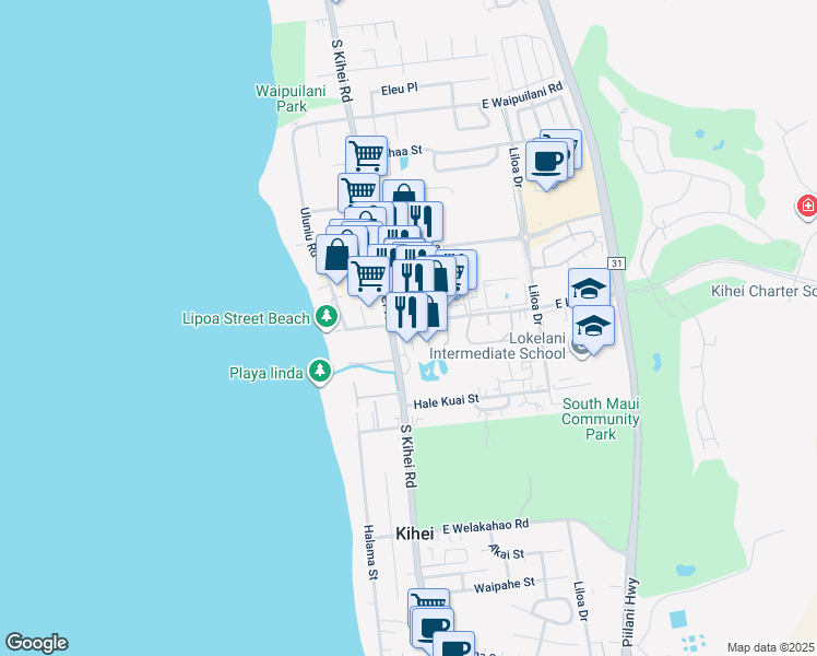 map of restaurants, bars, coffee shops, grocery stores, and more near 30 East Lipoa Street in Kihei
