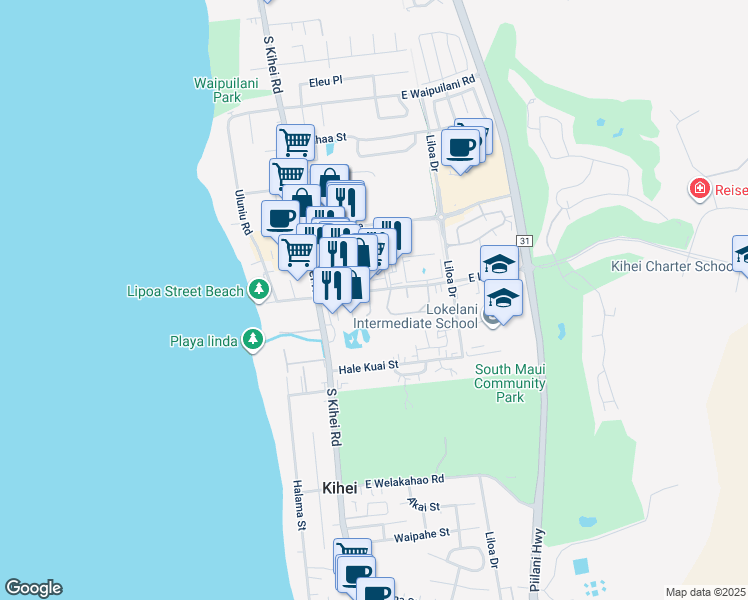 map of restaurants, bars, coffee shops, grocery stores, and more near 13 Kuapapa Place in Kihei