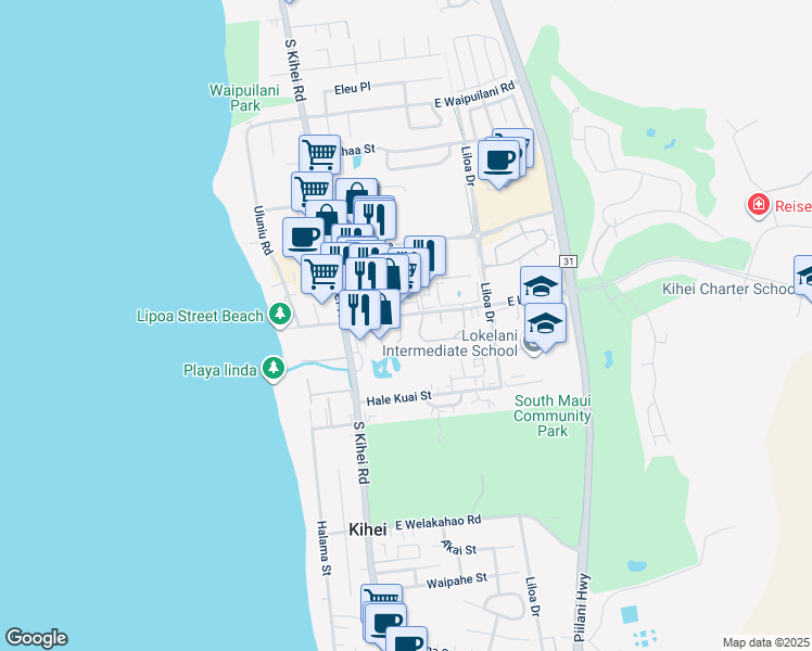 map of restaurants, bars, coffee shops, grocery stores, and more near 13 Kuapapa Place in Kihei