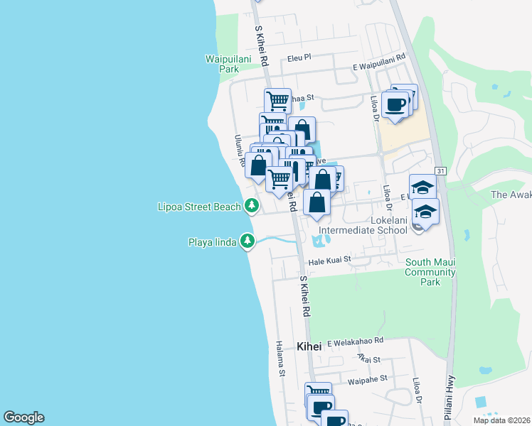 map of restaurants, bars, coffee shops, grocery stores, and more near 1310 Uluniu Road in Kihei