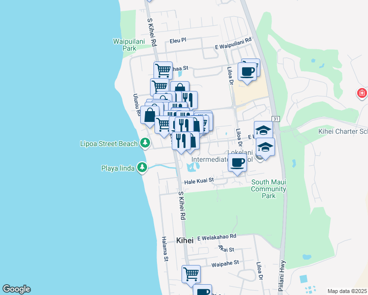 map of restaurants, bars, coffee shops, grocery stores, and more near 30 East Lipoa Street in Kihei