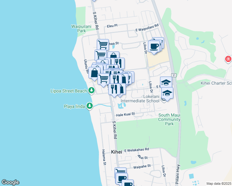 map of restaurants, bars, coffee shops, grocery stores, and more near 30 East Lipoa Street in Kihei