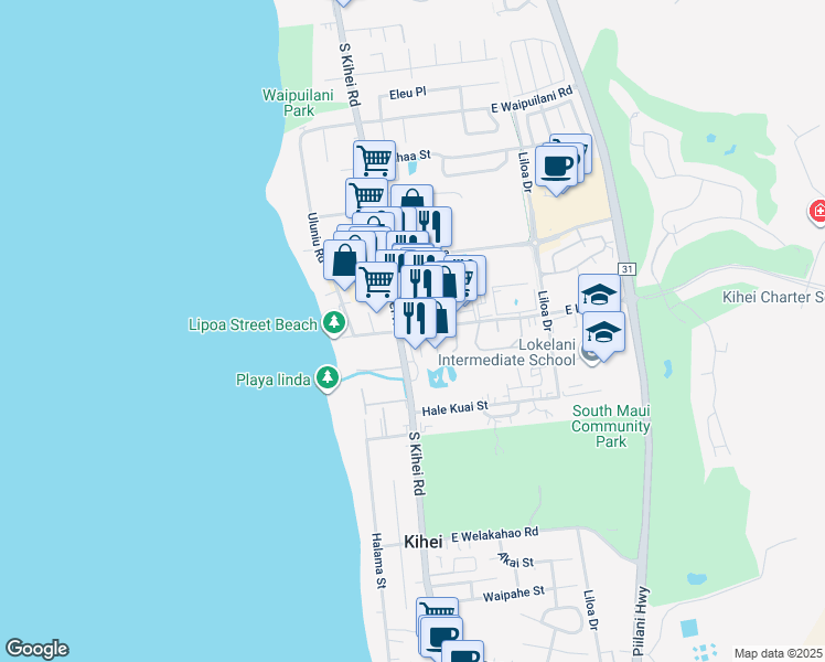 map of restaurants, bars, coffee shops, grocery stores, and more near 30 East Lipoa Street in Kihei