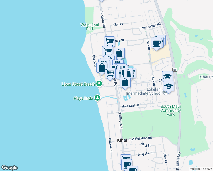 map of restaurants, bars, coffee shops, grocery stores, and more near 1299 Uluniu Road in Kihei