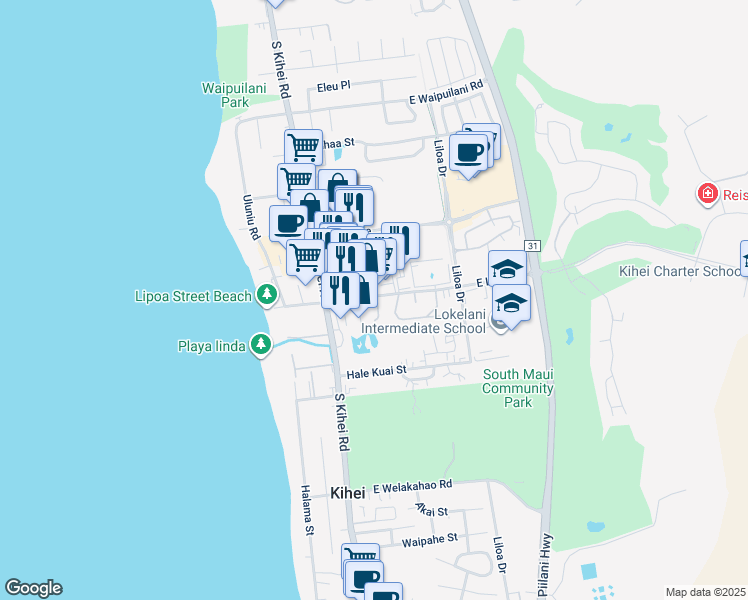 map of restaurants, bars, coffee shops, grocery stores, and more near 70 East Lipoa Street in Kihei