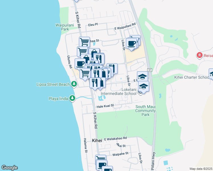 map of restaurants, bars, coffee shops, grocery stores, and more near 7 Kuapapa Place in Kihei
