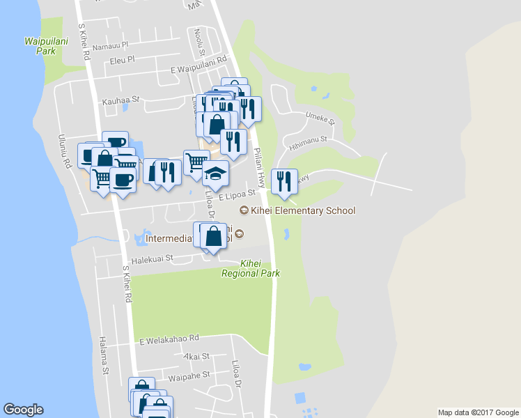 map of restaurants, bars, coffee shops, grocery stores, and more near 250 East Lipoa Street in Kihei
