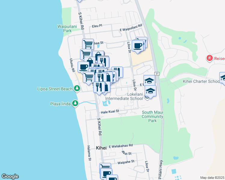 map of restaurants, bars, coffee shops, grocery stores, and more near 88 East Lipoa Street in Kihei