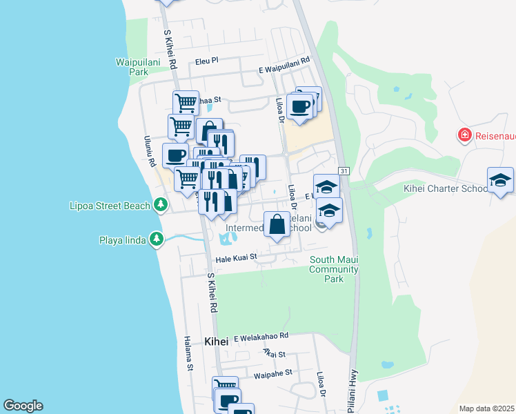 map of restaurants, bars, coffee shops, grocery stores, and more near 120 East Lipoa Street in Kihei
