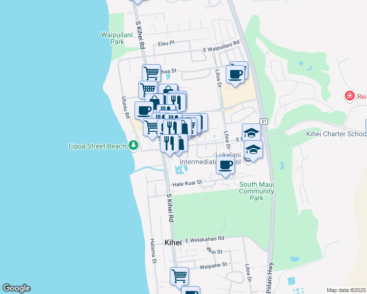 map of restaurants, bars, coffee shops, grocery stores, and more near 91 East Lipoa Street in Kihei