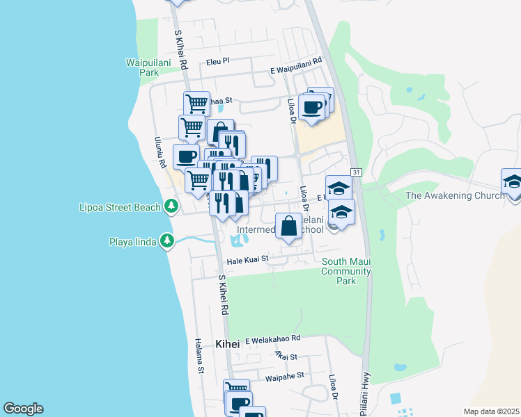 map of restaurants, bars, coffee shops, grocery stores, and more near 8 Kupalaiki Loop in Kihei