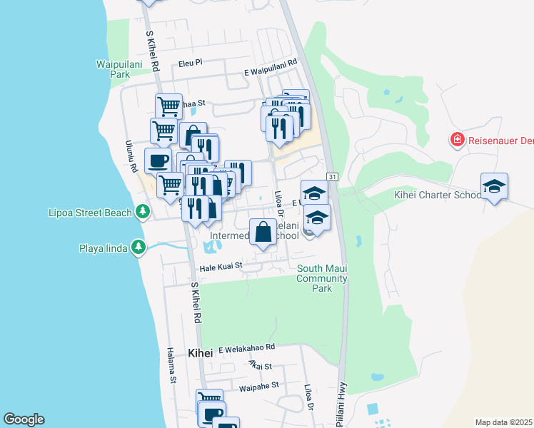 map of restaurants, bars, coffee shops, grocery stores, and more near 112 Kupalaiki Loop in Kihei