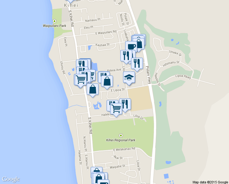 map of restaurants, bars, coffee shops, grocery stores, and more near 138 East Lipoa Street in Kihei
