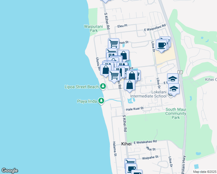 map of restaurants, bars, coffee shops, grocery stores, and more near 1299 Uluniu Road in Kihei