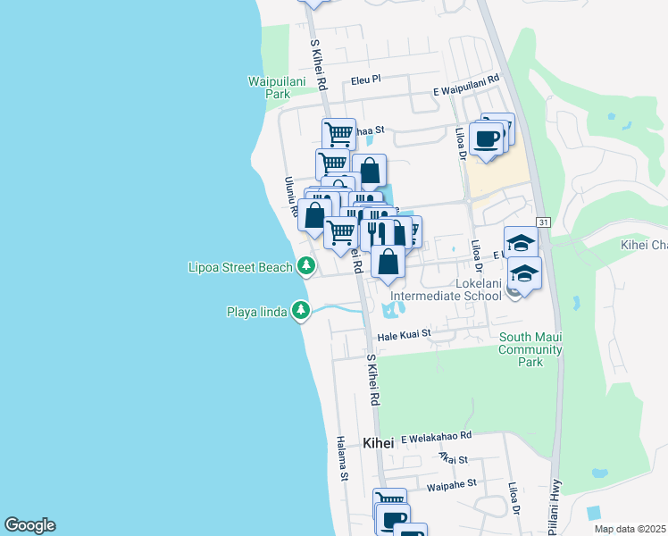 map of restaurants, bars, coffee shops, grocery stores, and more near 1299 Uluniu Road in Kihei