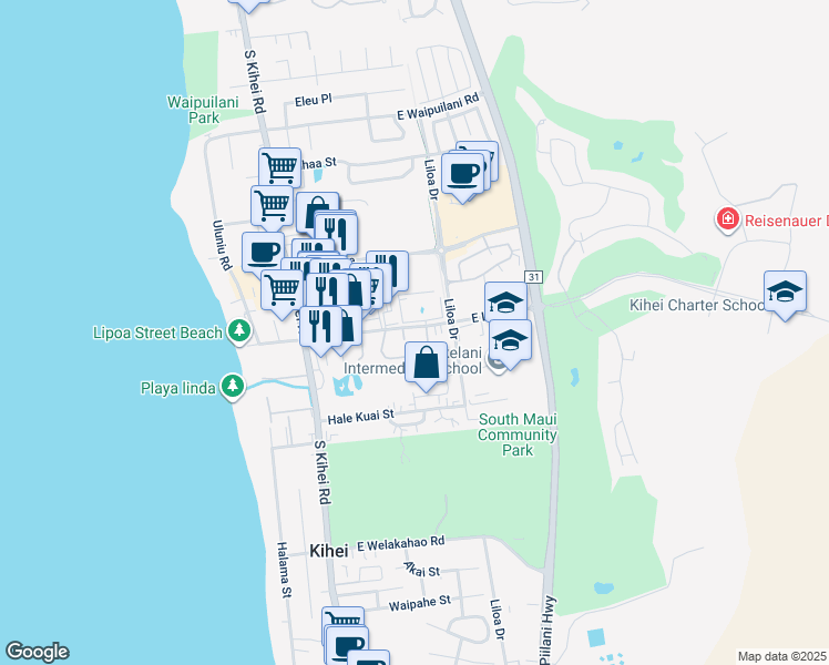 map of restaurants, bars, coffee shops, grocery stores, and more near 144 East Lipoa Street in Kihei