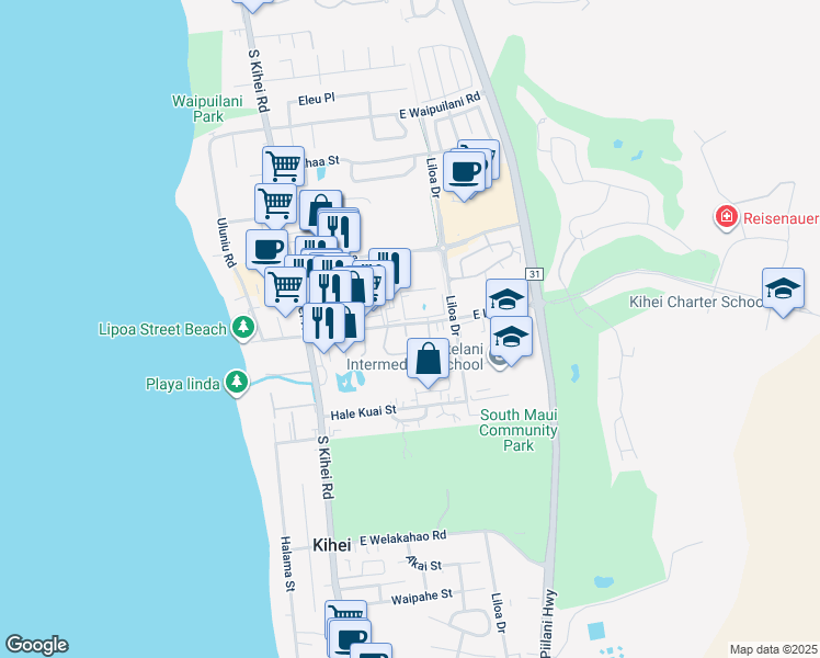 map of restaurants, bars, coffee shops, grocery stores, and more near 138 East Lipoa Street in Kihei