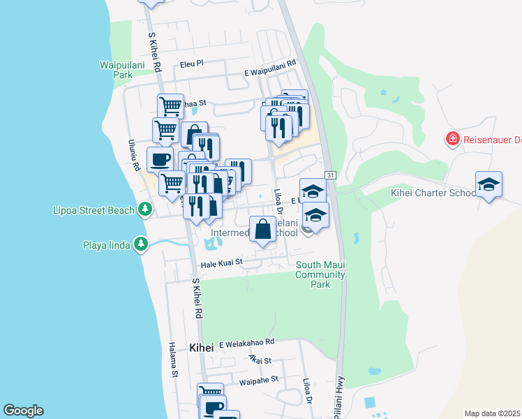 map of restaurants, bars, coffee shops, grocery stores, and more near 119 Kupalaiki Loop in Kihei