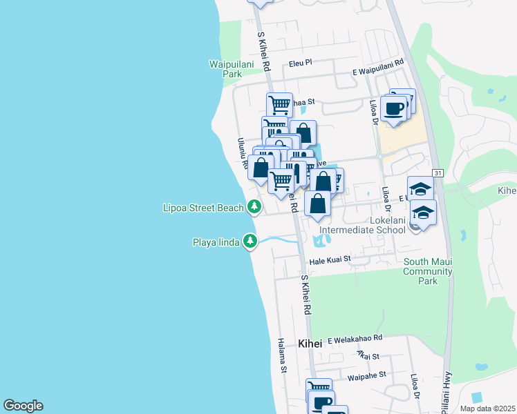 map of restaurants, bars, coffee shops, grocery stores, and more near 1310 Uluniu Road in Kihei