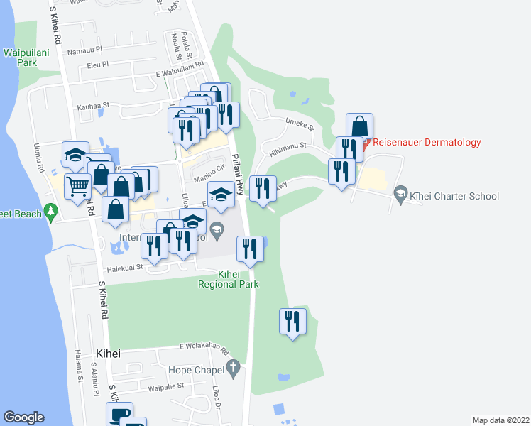 map of restaurants, bars, coffee shops, grocery stores, and more near 470 Lipoa Parkway in Kihei