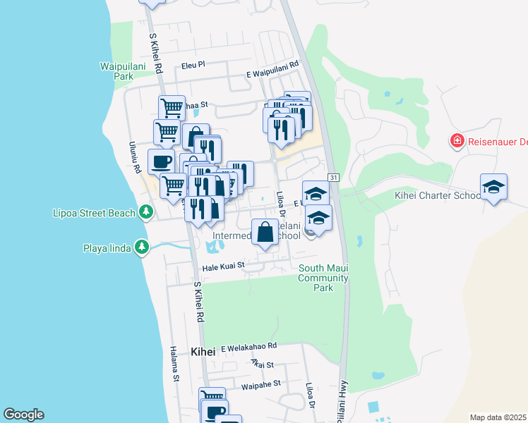 map of restaurants, bars, coffee shops, grocery stores, and more near 119 Kupalaiki Loop in Kihei