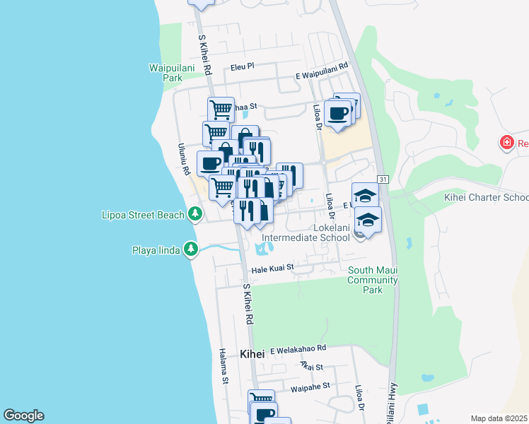 map of restaurants, bars, coffee shops, grocery stores, and more near 51 East Lipoa Street in Kihei