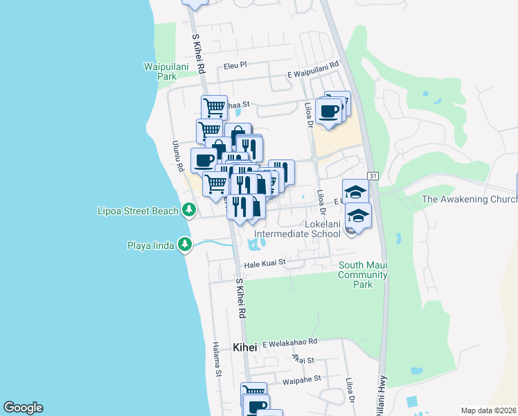 map of restaurants, bars, coffee shops, grocery stores, and more near 51 East Lipoa Street in Kihei