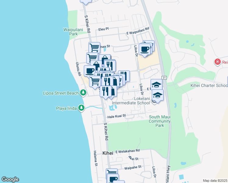 map of restaurants, bars, coffee shops, grocery stores, and more near 51 East Lipoa Street in Kihei