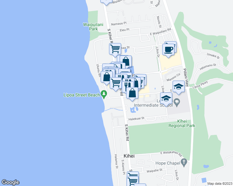 map of restaurants, bars, coffee shops, grocery stores, and more near 1310 South Kihei Road in Kihei
