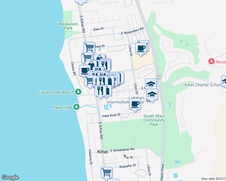 map of restaurants, bars, coffee shops, grocery stores, and more near 91 East Lipoa Street in Kihei
