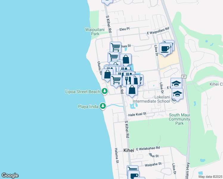 map of restaurants, bars, coffee shops, grocery stores, and more near 1299 Uluniu Road in Kihei
