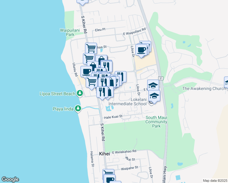 map of restaurants, bars, coffee shops, grocery stores, and more near 91 East Lipoa Street in Kihei