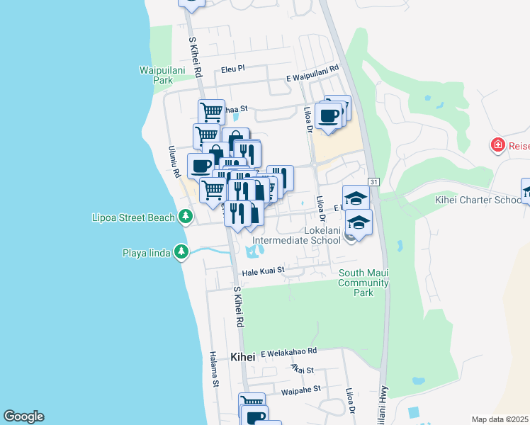 map of restaurants, bars, coffee shops, grocery stores, and more near 91 East Lipoa Street in Kihei