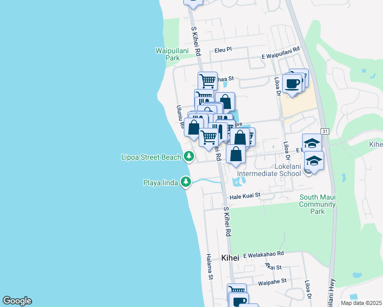 map of restaurants, bars, coffee shops, grocery stores, and more near 1310 Uluniu Road in Kihei
