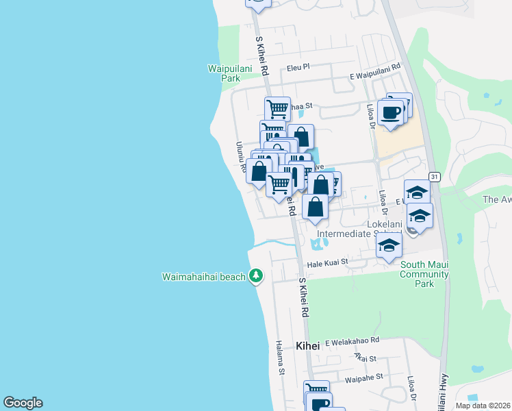 map of restaurants, bars, coffee shops, grocery stores, and more near 1310 Uluniu Road in Kihei