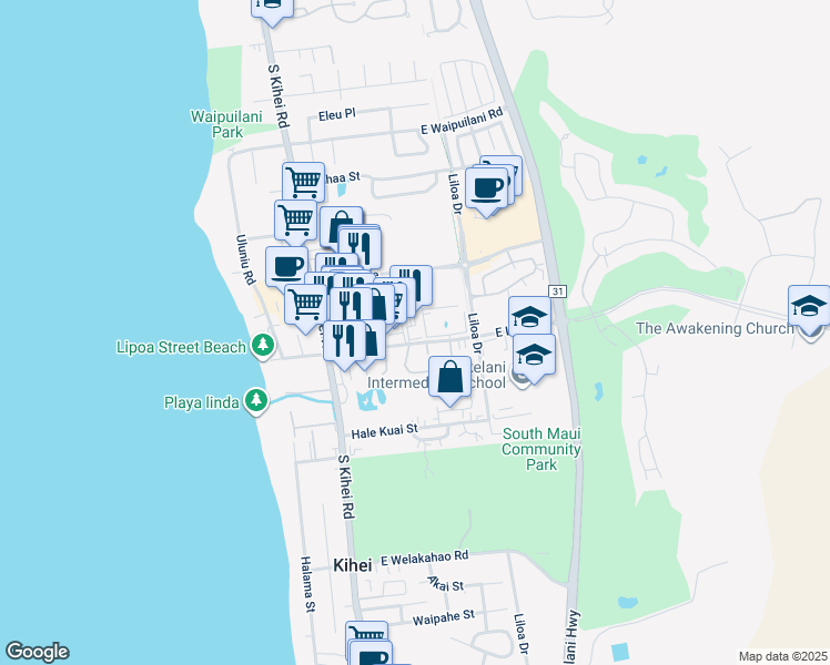 map of restaurants, bars, coffee shops, grocery stores, and more near 115 East Lipoa Street in Kihei