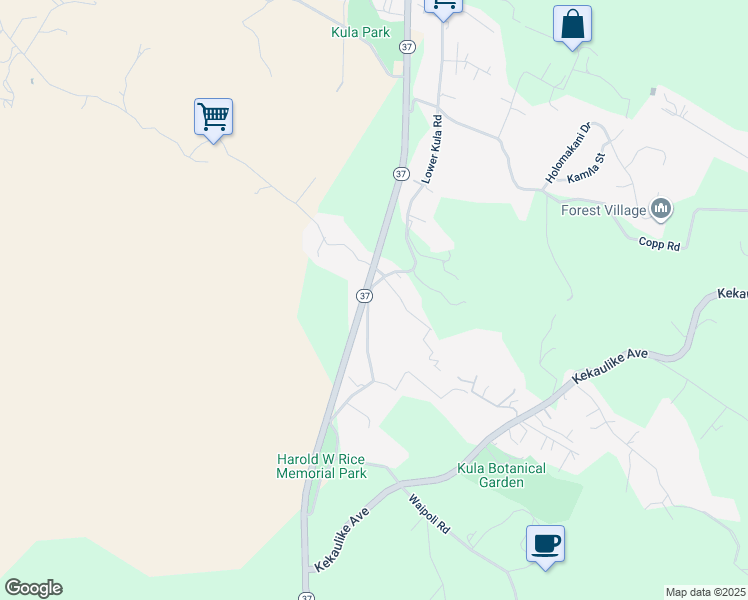 map of restaurants, bars, coffee shops, grocery stores, and more near 5435 Lower Kula Road in Kula