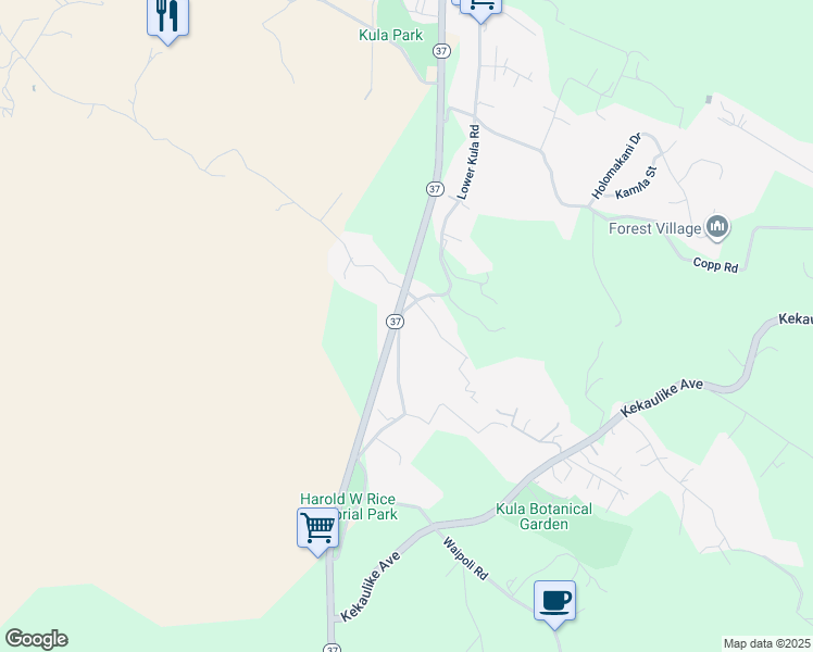 map of restaurants, bars, coffee shops, grocery stores, and more near 5435 Lower Kula Road in Kula