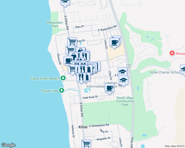 map of restaurants, bars, coffee shops, grocery stores, and more near 91 East Lipoa Street in Kihei