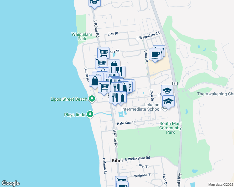 map of restaurants, bars, coffee shops, grocery stores, and more near 41 East Lipoa Street in Kihei
