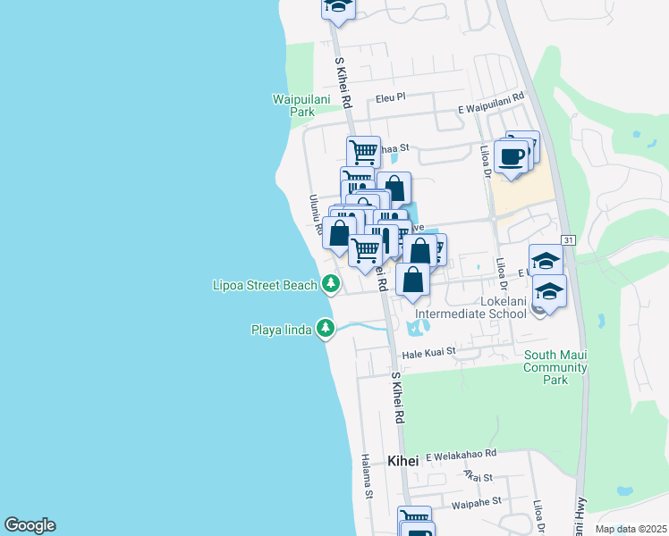 map of restaurants, bars, coffee shops, grocery stores, and more near 1310 Uluniu Road in Kihei
