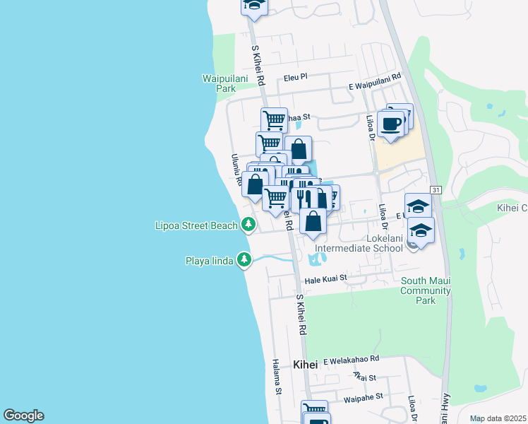 map of restaurants, bars, coffee shops, grocery stores, and more near 1299 Uluniu Road in Kihei