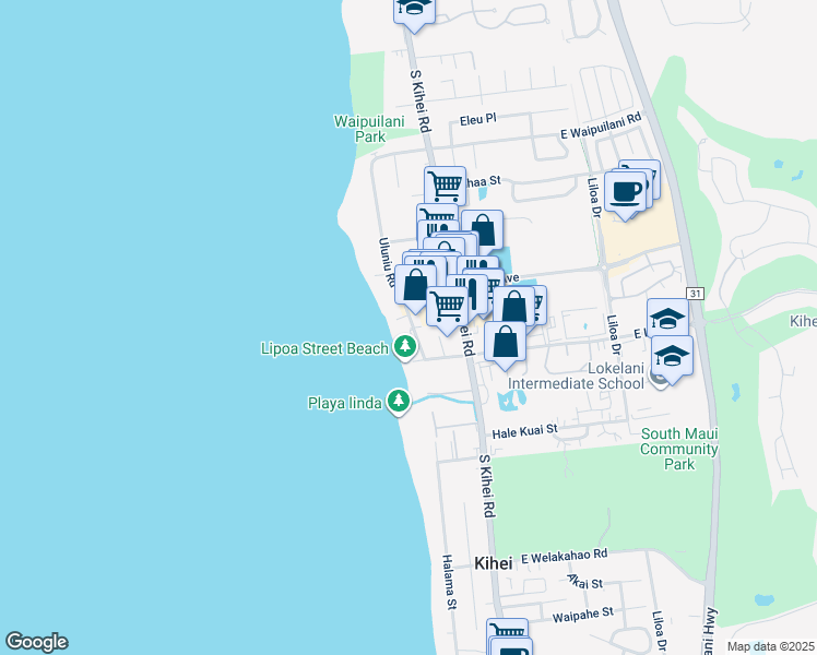 map of restaurants, bars, coffee shops, grocery stores, and more near 1310 Uluniu Road in Kihei