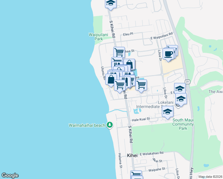 map of restaurants, bars, coffee shops, grocery stores, and more near 1275 Uluniu Road in Kihei