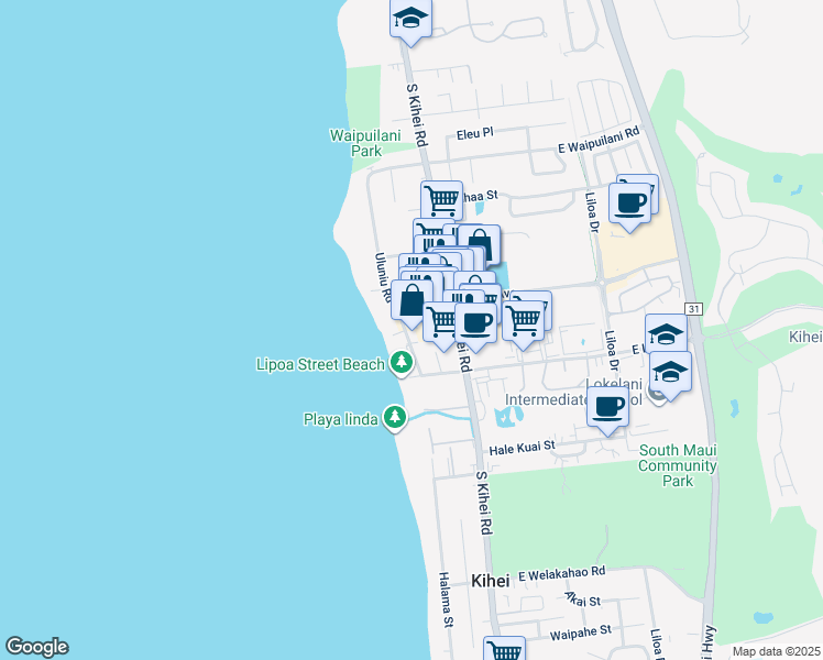 map of restaurants, bars, coffee shops, grocery stores, and more near 1283 Uluniu Road in Kihei