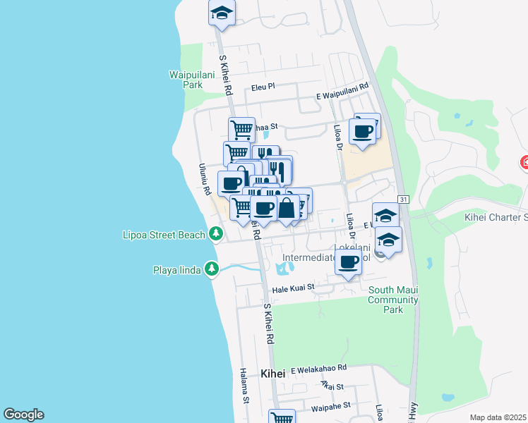 map of restaurants, bars, coffee shops, grocery stores, and more near 1279 South Kihei Road in Kihei