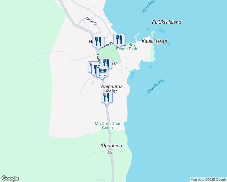 map of restaurants, bars, coffee shops, grocery stores, and more near Hana Highway in Maui County